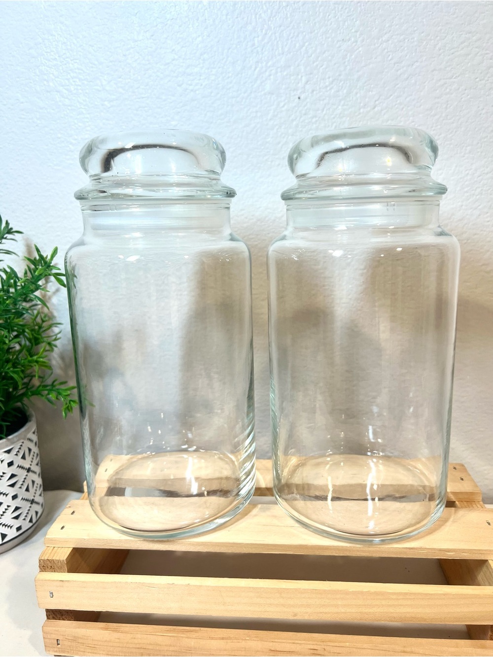 (2) Clear Glass Apothecary Jar Canister w Domed Lid Stopper | EUC* | 8” H